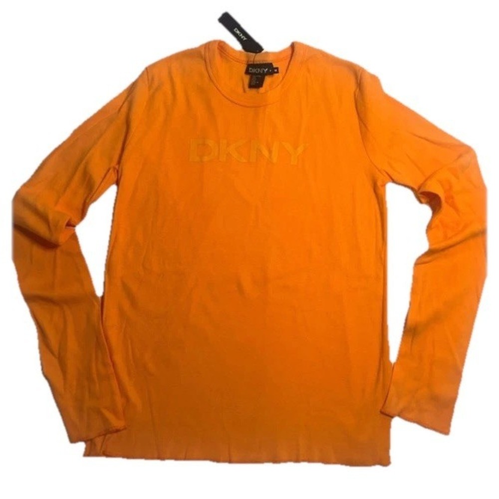 DKNY Sport Top Women's L Orange Long Sleeve Logo Fitted Stretch Casual New Y2K